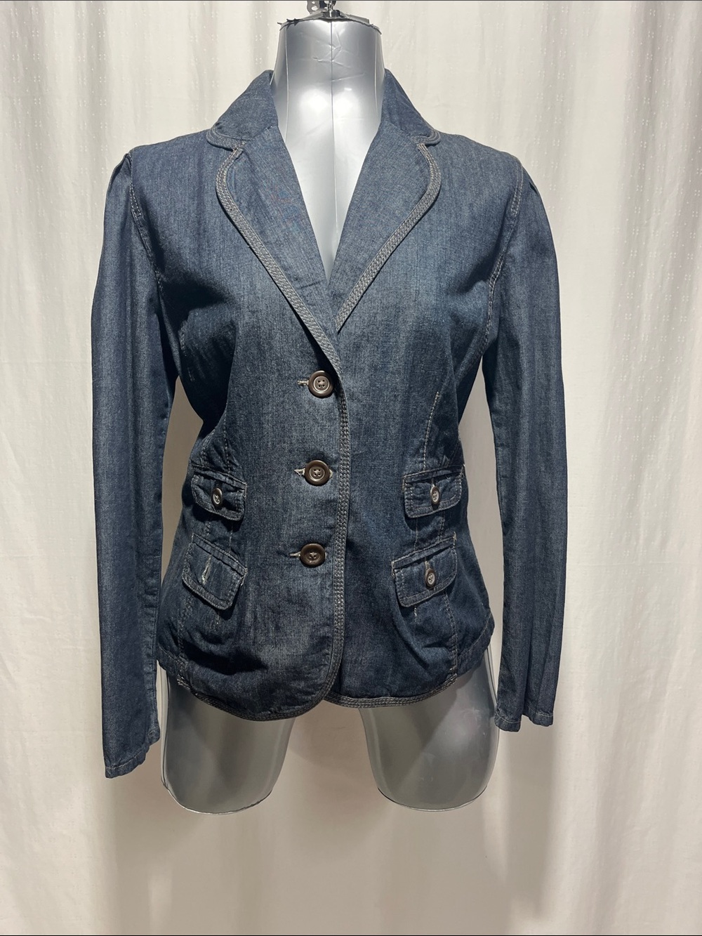 Ladies French Cuff Indigo Denim Blazer Jacket. Stretch size L flattering 1138